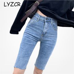 LYZCR High Waist Summer Capris Jeans Women 2020 Black Skinny Bermuda Jeans Woman Knee Length Denim Pencil Pants Jeans Capri LJ201030