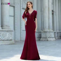 Everpretty Women Evening Dress Elegant V Neck Short Sleeve Appliques Mermaid Formal Party Gown Vestido De Fiesta Largo LJ201124