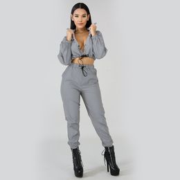 Streetwear Reflective Sweat Suits Women Spring Autumn Turn Down Collar Long Sleeve Buttons Crop Top Pants Set Women's Jersey LJ201126