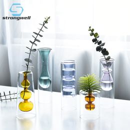 Strongwell Nordic Creative Colour Glass Vase Hydroponic Transparent Stained Glass Flower Vase Home Desktop Decoration Ornaments T200703