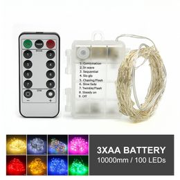 Christmas lights 10m Waterproof Remote Control Fairy Lights Battery Operated Decoration 8 Mode Timer Silver Wire LED Lighting Y201020