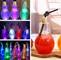 Drinkware Tool Light Bulb Beverage Bottle Milk Tea Bottles Plastic Juice Drink Bottle Creative Luminescence Cup With Straw 9063