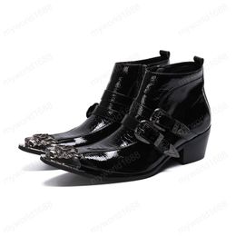 Men Zipper Ankle Boots Fashion Autumn Winter Real Leather Mid Heel Metal Pointed Toe Buckle Formal Boots