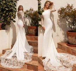 Setwell Jewel Neck Mermaid Wedding Dresses Long Sleeves Illusion Backless Lace Appliques Floor Length White Bridal Gowns