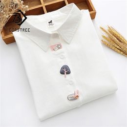 Spring Women Casual Appliques Cotton White Shirt Long Sleeve Short Blouse Autumn Solid Cute Sweet Girl Tops T0D001F 220307