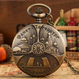 Steampunk Bronze St. Petersburg Pattern Watches Men Women Quartz Analogue Pocket Watch Necklace Chain Collectable Gift Reloj