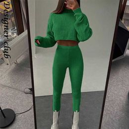 Woman Two Pieces Set Autumn Winter Knitted Pants Suit Casual Long Sleeve Turtleneck Sweater Skinny Pants Tracksuit 211221