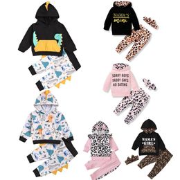 Baby Toddler Clothes Set Cartoon Dinosaur Children Girl Hooded Tops Pants 2pcs Sets Pocket Flower Girls Outfit Baby Boutique Clothing DW6183