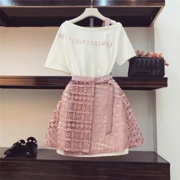 2020 New Fashion Summer Women's Letter Embroidery Off Shoulder Cotton Long T-shirt + Lacing up Hollow Lace Skirt 2 Pieces Set T200702