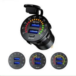 12V 24V Quick Car Charge USB3.0 Dual USB Charger Type-C PD Waterproof 18W USB Outlet with LED Voltmeter ON OFF Switch