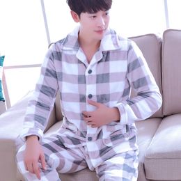 Sleepwear Men Autumn Winter Thickening Pyjamas Set Thermal Flannel Housewear Male Long Sleeve Simple Large Size Nightgown LJ201112