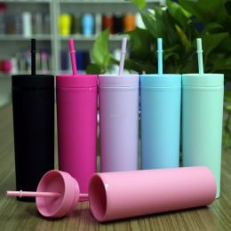 NEW!!! Rainbow Color Mugs Double Wall Matte Finish Reusable 473ml /16oz Plastic Tumbler With Straw EE 2022