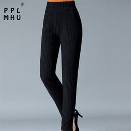 Plus size mother's straight trousers summer Casual elastic high waist harem pant Classic stripes loose breathable 220211