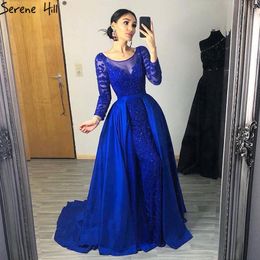 Serene Hill Luxury Royal Blue Mermaid Evening Dress With Train Long Sleeves Beading Crystal Formal Party Gown 2020 LJ201123