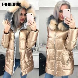 FORERUN Big Fur Hooded Jacket Women Long Winter Coat Female Glossy Casual Cotton Padded Parka Manteau Longue Femme Hiver 201026