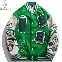 Hip Hop Varsity Jacket Men Winter Letter Embroidery Patchwork Colour Block Baseball Coat Women College Unisex Outwear 220301
