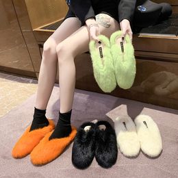 Candy Colours Flat Shoes Female Low Flock Womens Slippers Outdoor Pantofle Winter Footwear Cover Toe Fur Flip Flops Slides X1020