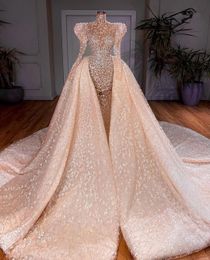 Pearls Mermaid Wedding Dresses Cap Sleeves High Neck Bridal Gown Custom Made Lace Appliques Detachable Train Robes De Mariée