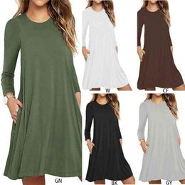 Womens Autumn Long Sleeve Round Neck Plain T-Shirt Dress Solid Colour Pleated Swing Casual Loose Pullover Streetwear with Pockets Y220214