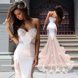 Fashion White And Champagne Mermaid Wedding Dresses Sweetheart Strapless Applique Lace Long Bridal Dress African Bride 2022 Wedding Gown