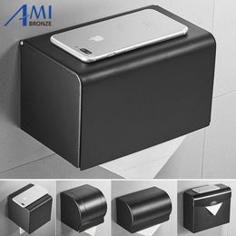 Black Paint Paper Holder Phone Rack Paper Box Space Aluminum Material Bathroom Hardware Toilet Shelf LJ201211