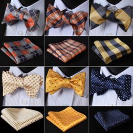 Check Classic 100%Silk Jacquard Woven Men Butterfly Self Bow Tie BowTie Pocket Square Handkerchief Suit Set #RC312954