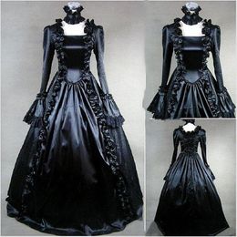 Vintage Gothic Black Ball Gown Wedding Dresses Floor Length Bell Long Sleeve Ruffles Mediaeval Plus Size Bridal Gowns Retro Vestidos de Novia