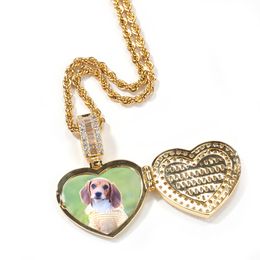 Gold Plated Full CZ DIY Made Photo Medallions Heart Necklace & Pendant with Rope Chain for Men Women Hip hop Jewelry