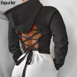 Cross Bandage Tie Up Backless Black Hoodie Sweatshirt Women Autumn Long Sleeve Harajuku Pink Hoodies Pullover Crop Tops 201212