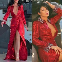 Arabic Red Satin Silk Prom Dress Sexy Deep V Neck Beads Long Sleeve Mermaid Evening Gowns Sweep Train Special Occasion Dresses