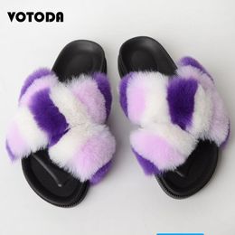 Women's Fox Fur Sliders Furry Faux Fur Sandals Fluffy House Slippers Rainbow Fur Slides For Women Ladies Fuzzy Home Flip Flops Y1123