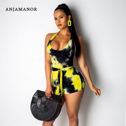 ANJAMANOR Tie Dye Halter Backless Sexy Rompers Womens Bodycon Jumpsuit Shorts Summer 2019 Beach Style One Piece Outfit D90-AC17 T200701