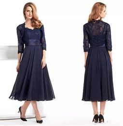 Navy Blue Chiffon Mother Of the bride Dresses With Jacket Lace Applique Formal Evening Gowns Ankle Length Prom Dress