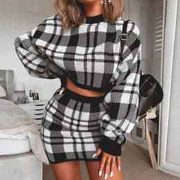 MissyChilli Knitted autumn skirt and top set women plaid crop top two piece suit sets female long sleeve club outfits co ord set 201130