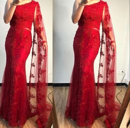 2021 New Long Evening Dresses Wear Dark Red Lace Crystal Beads Pearls Split One Shoulder With Cape Evening Gowns Formal Women Prom Dresses