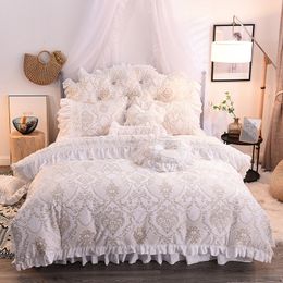 Luxury White Pink Purple Green Winter Thick Fleece Fabric Princess Bedding set Lace Jacquard Duvet Cover Bed skirt Pillowcases T200706