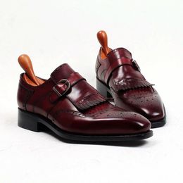 Designer-homens Oxford Monk Dress Sapatos Personalizados Handmade Sapato Square Toe com única cinta genuína cor de couro de couro Borgonha