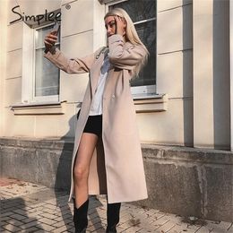 Simplee Wool blend winter tweed coat women Long sleeve elegant sash belt female outwear coat Autumn winter streetwear coat 201218