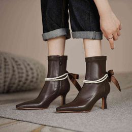 Autumn 2022 New Women's bow beaded Ankle boots sweet black brown beige women's pointy 7cm high heel boots