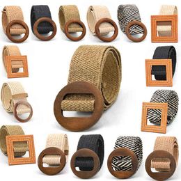 FOR Vintage Bohemian Wide Belt Summer Wooden Buckle Wild Braided Belt Female Leopard Buckle Linen Weave Women Fake Straw Waist G220301