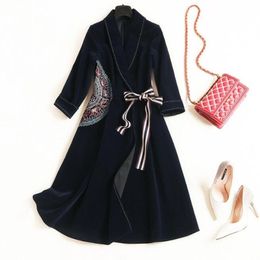 Long sleeve Vintage Blazer Dress new Spring fashion Lapel Lace Up Embroidery women elegant plus size XXL velvet winter dress 201028