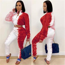 Womens Tie-dye Casual Sets Fashion Trend Long Sleeve Zipper Bandage Sweatshirt Drawstring Pant Suits Designer Female Spring Loose Tracksuits