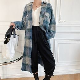 Wool Blend Plaid Mid-length Jacket Women Loose Turn-down Collar Straight Long Sleeve Single Breasted Pockets Autumn Winter Coat 201102