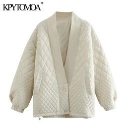 KPYTOMOA Women Fashion Oversized Parkas Argyle Jacket Padded Coat Vintage Long Sleeve Pockets Female Outerwear Chic Tops 201217