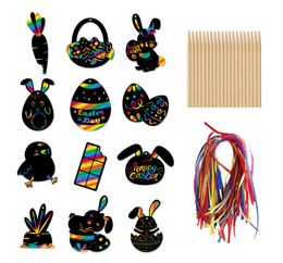 Scratch Paper Art Set Easter Black Scratch it Off Paper Crafts Notes Drawing Boards Sheet with Wooden Stylus and Hanging Rope ZZC3953