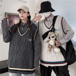 Coed V-Neck Cotton Sweater Vest Sleeveless Patchwork Autumn Spring Warm Spacious Clothes Knitted Fashion Casual male Coats Pull 201203