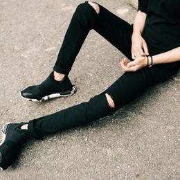 Idopy Casual Skinny Pants Men Solid Black White Pencil Ripped Beggar Jeans With Knee Hole For Youth Male C1123