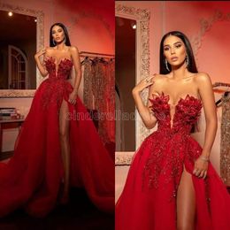 2022 Red Arabski ASO EBI Koronki Stylowe Luksusowe Prom Dresses Zroszony Kryształy Seksowny Wieczór Formalna Party Druga Recepcja Suknia Suknia BC9430