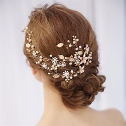 Pearl Rhinestone Flower Bride Headband Wedding Hair Jewellery Gold Leaf With Rhinestone Flower Hair Bands Wedding Hair Ornaments Y200409