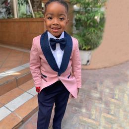 Ring Bearer Boy's Formal Wear Tuxedos Shawl Lapel One Button Children Attire For Wedding Party Kids Suit Set Pink Jacket Navy Pants Bow)